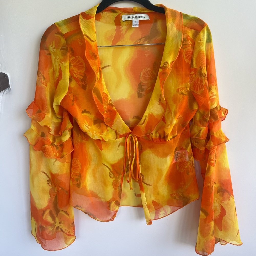 Urban Outfitters Orange and Yellow Sheer Ruffle Top
